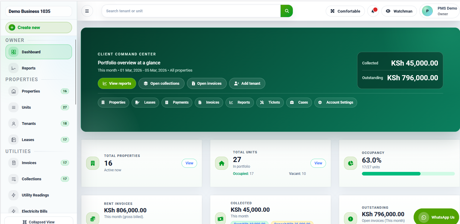 RentalDesk dashboard overview with portfolio and collection summary