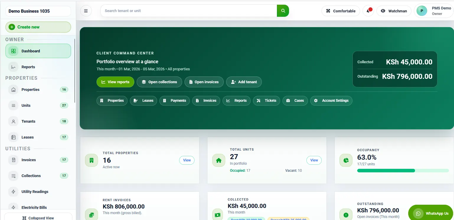 RentalDesk dashboard overview for rent collection and tenant tracking
