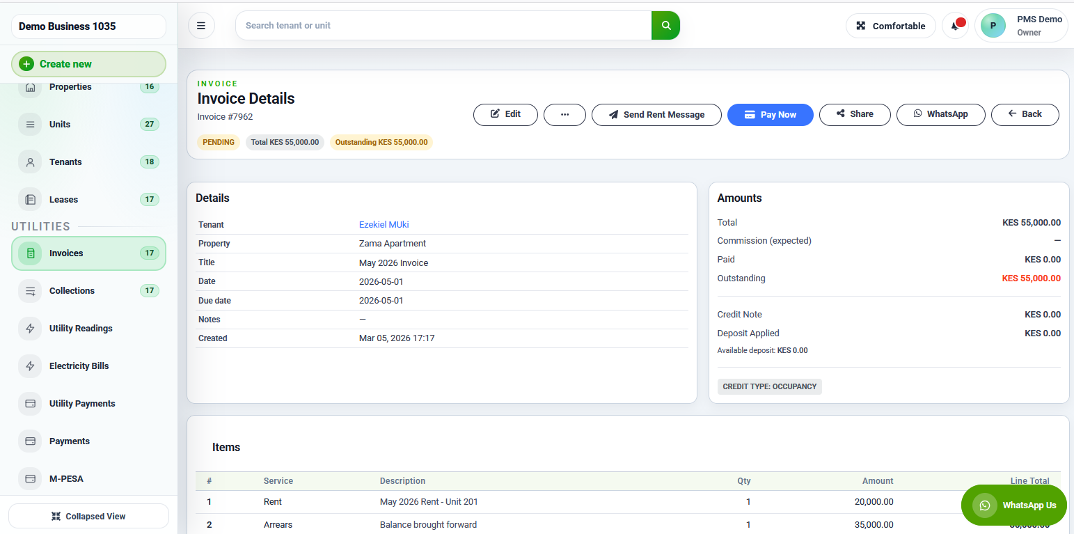 RentalDesk invoice details page with charges and payment status