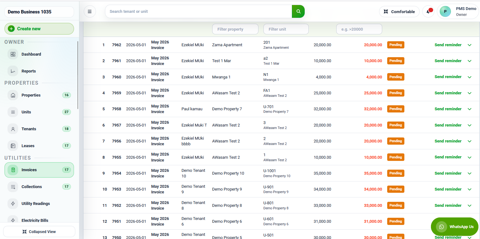 RentalDesk invoices screen for monthly billing
