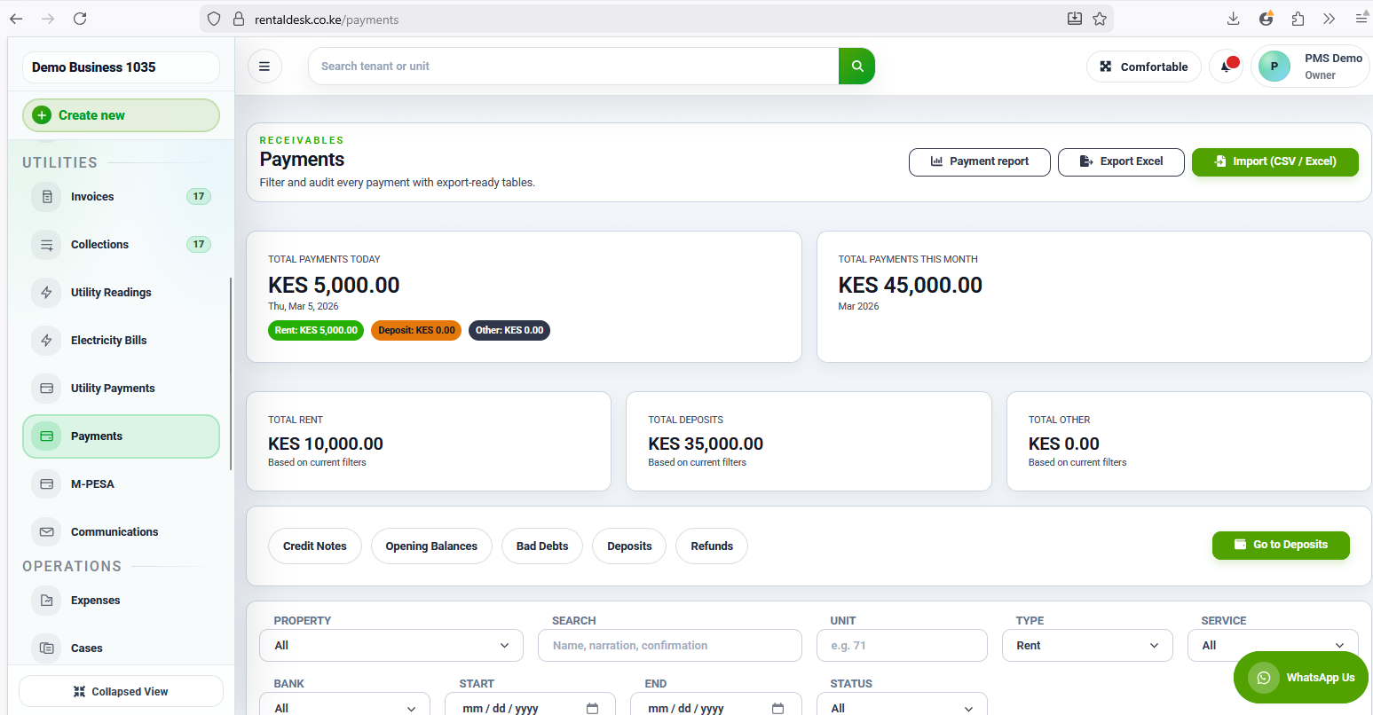RentalDesk payments screen for rent collection tracking