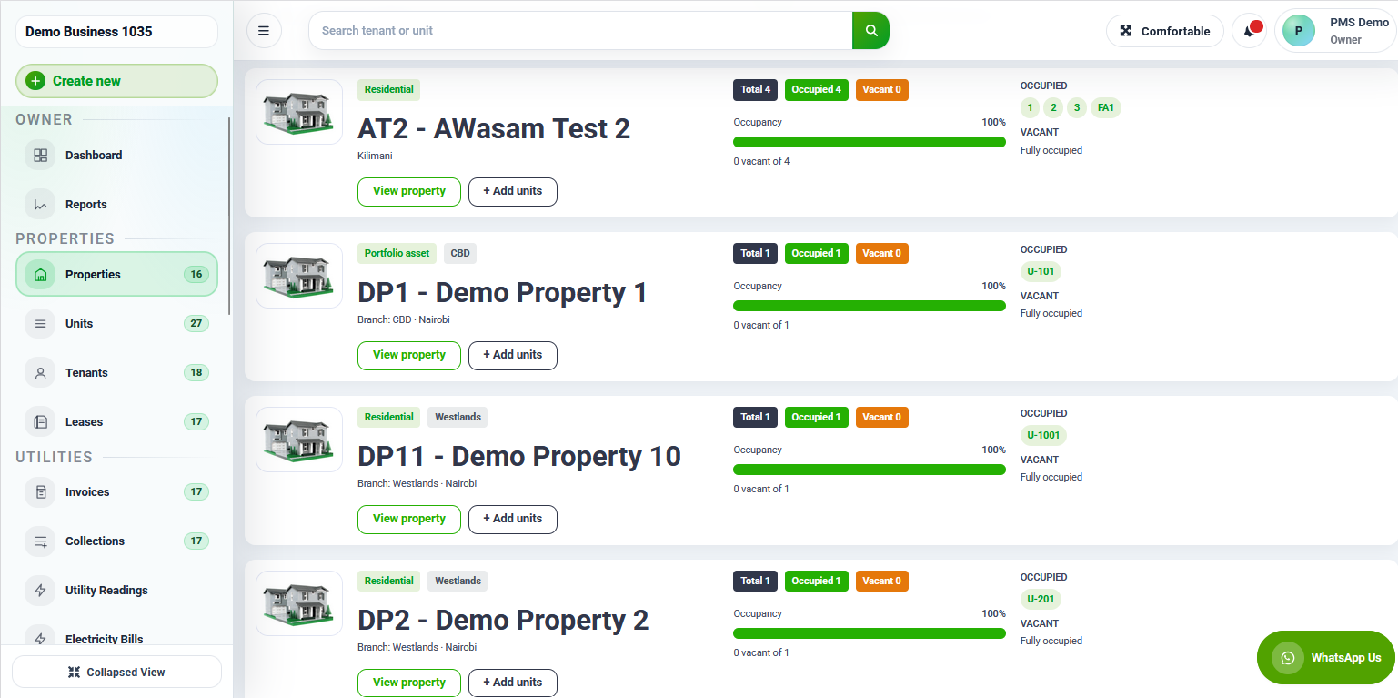 RentalDesk properties management screen with property listings