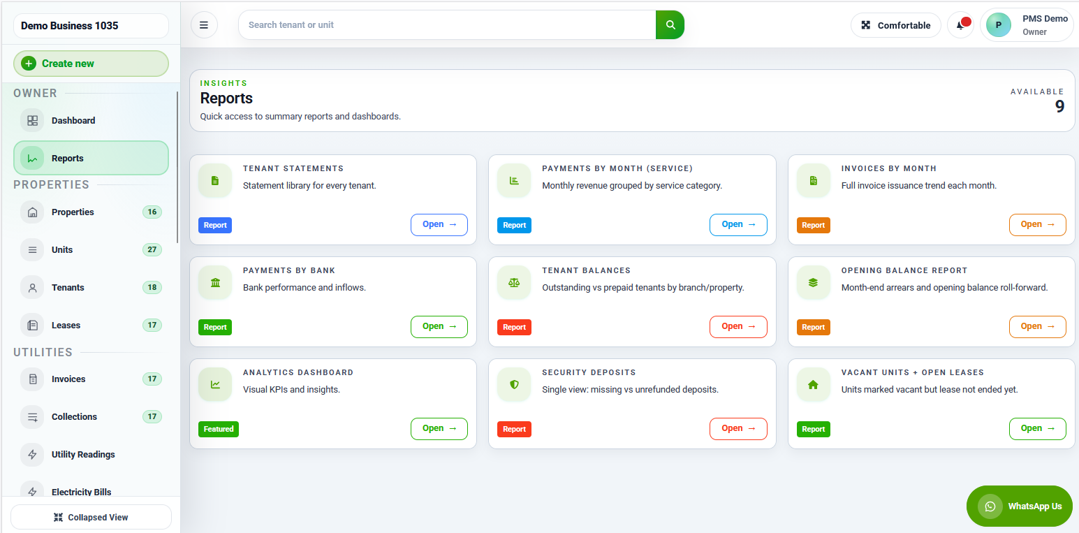 RentalDesk reporting screen with portfolio report options