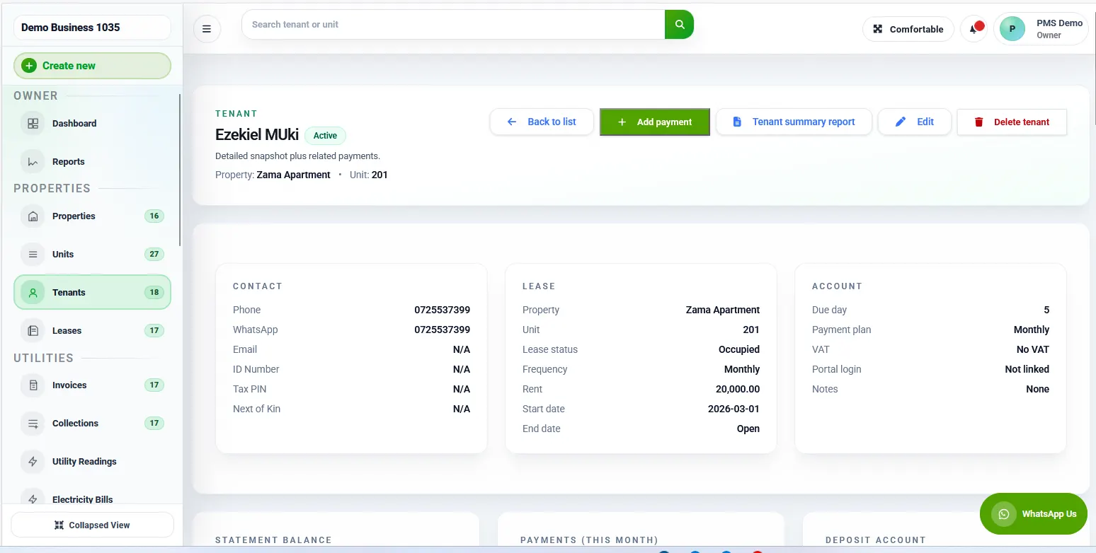 RentalDesk tenant profile page with billing and payment records