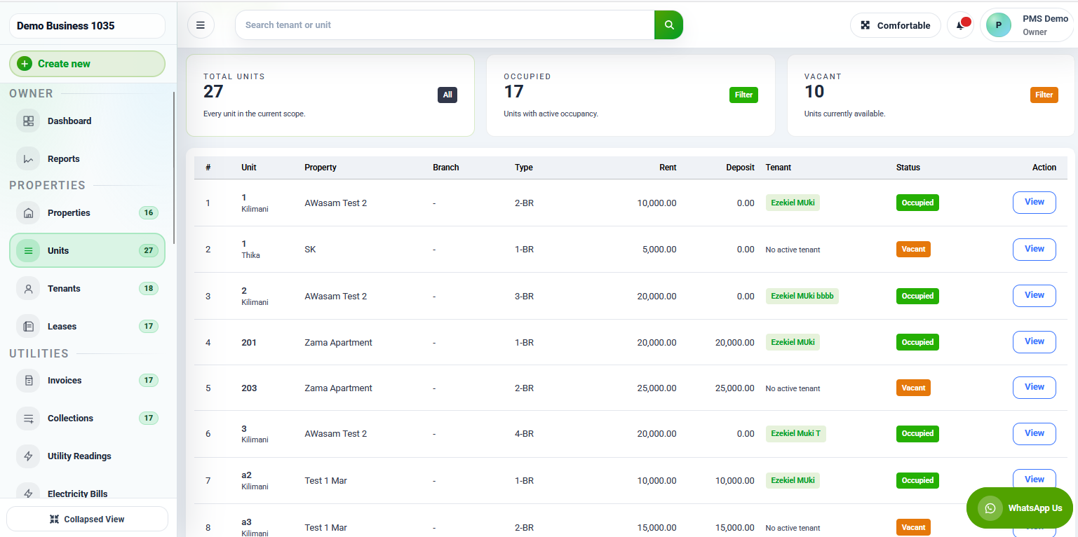 RentalDesk units listing screen showing occupancy and unit details